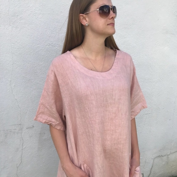 Plus Size 100% Italian Washed Linen Dress Pink NEW - Picture 3 of 8
